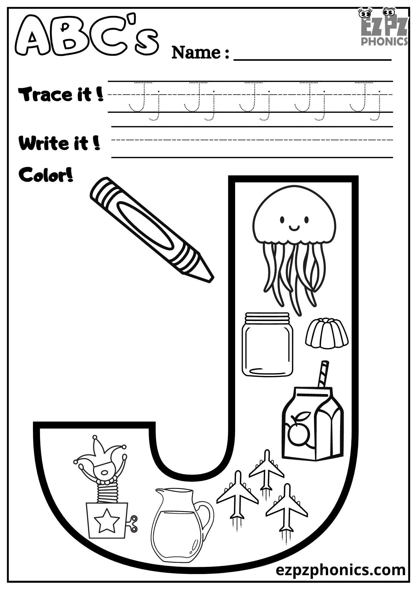 Letter J Trace, Write, and Color 